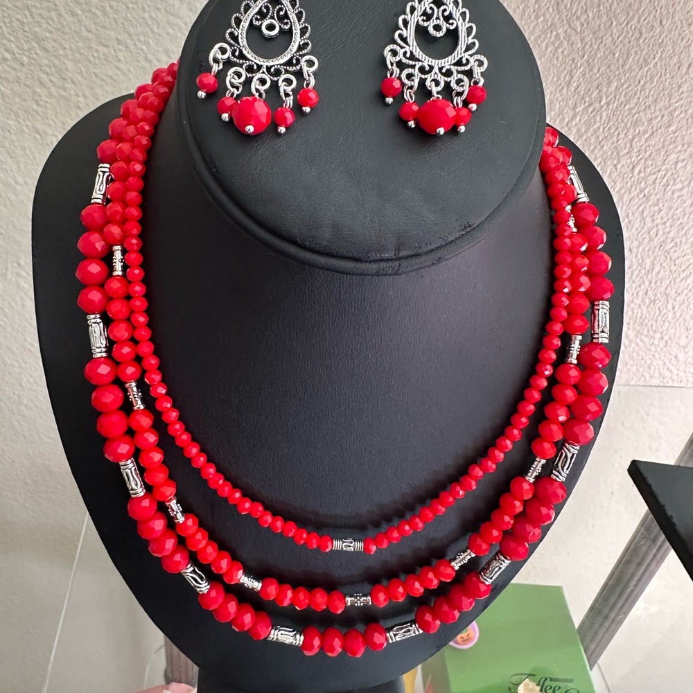 Handmade Vibrant Red Beaded Multi Strand Necklace & Chandelier Earring Set